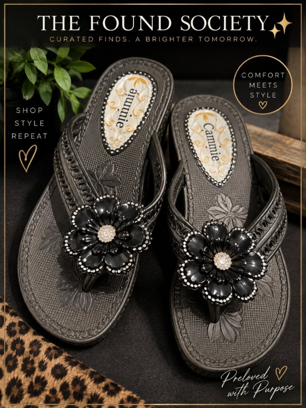 Cammie Black Floral Rhinestone Wedge Flip Flop Sandals EU 37